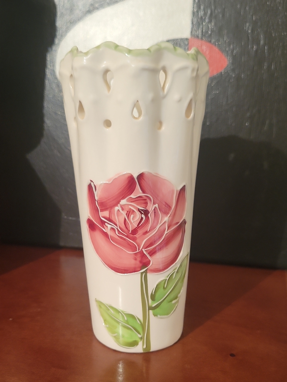 Vintage White Ceramic Rose Vase with Pink Floral Accent